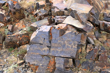 Petroglyphs at the Song kol lake in Kyrgyzstan, Central Asia