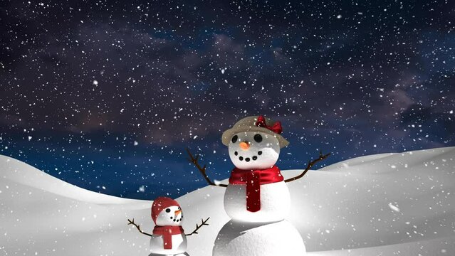 Animation of snow falling over snowmen in winter scenery