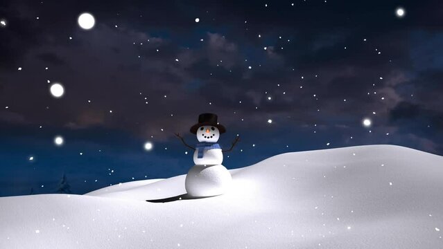 Animation of snow falling over snowman in winter scenery