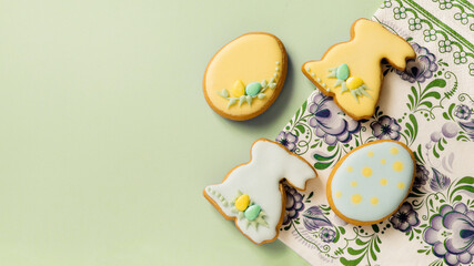 Easter homemade baked gingerbread with different pattern of icing or cookies in the shape of bunny...