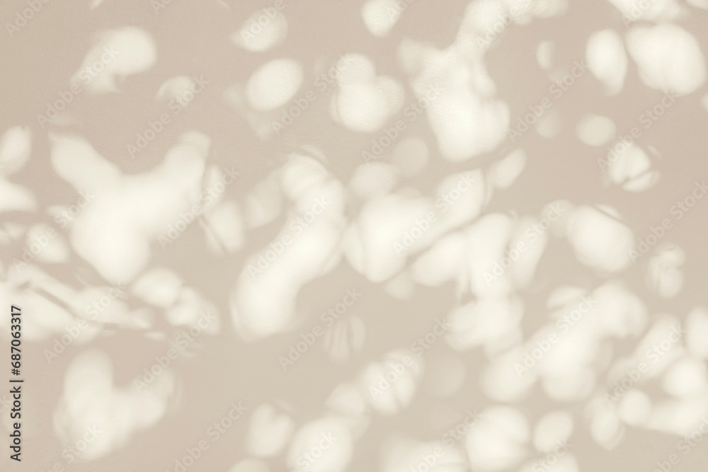 Poster Abstract shadow and light blurred background with light bokeh. Natural gray shadows of leaves tree branch on white wall. Shadow overlay effect for foliage mockup, banner graphic layout