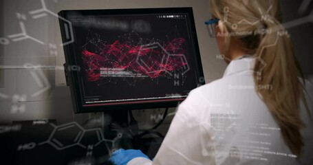 Animation of data processing over caucasian female scientist in laboratory - Powered by Adobe