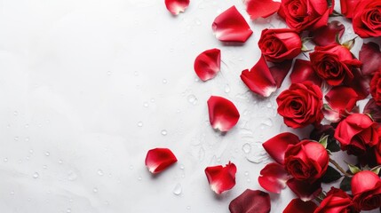 Beautiful red roses and petals on light grey background, above view