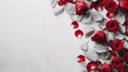 Beautiful red roses and petals on light grey background, above view