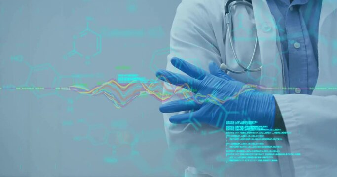 Animation of data processing over scientist in laboratory