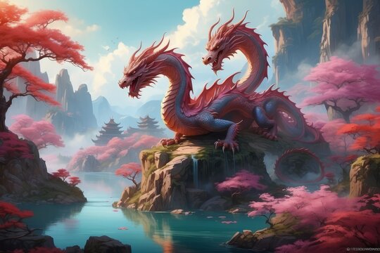 Dragons in a fantastically beautiful world with a lake, pink flowering trees, high rocky mountains. The symbol of the year 2024 is an illustration.
