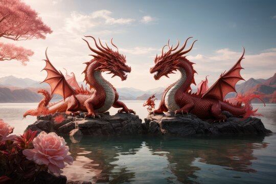 Two red dragons face each other in a fantastic lake. The year 2024 is a symbol.
