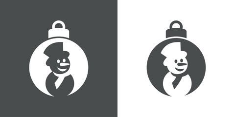 Logo snowman. Silueta de bola de navidad con muñeco de nieve sonriente con sombrero, foulard y nariz de zanahoria para su uso en tarjetas y felicitaciones de Navidad