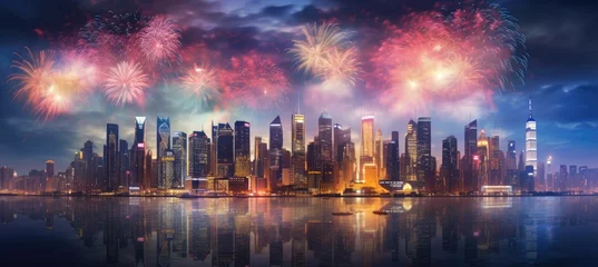 Fotobehang  A breathtaking panorama of Vibrant Fireworks. Generativ AI. © Dimitar