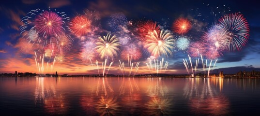 Fototapeta premium A breathtaking panorama of Vibrant Fireworks. Generativ AI.