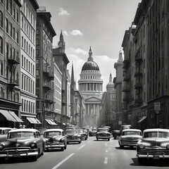 The essence of a bustling city street from the mid-20th century, emphasizing classic architecture and old-fashioned vehicles