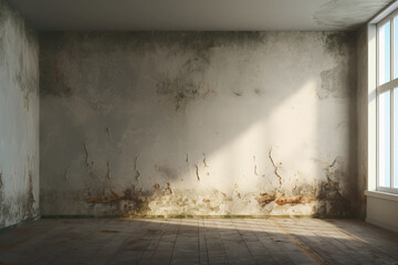 An empty, destroyed, abandoned room with a large window from which light enters the room. Empty wall with cracks.generative ai - obrazy, fototapety, plakaty