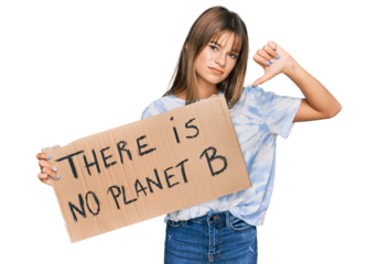 Teenager caucasian girl holding there is no planet b banner with angry face, negative sign showing dislike with thumbs down, rejection concept
