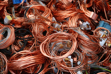 Milber copper cable scrap, background from coiled copper cables.generative ai - obrazy, fototapety, plakaty