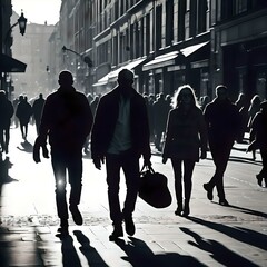 An energetic urban scene, focusing on the movement of people, emphasizing the contrasts between light and shadows in a lively street setting