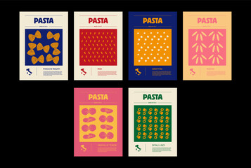 Italian macaroni types, labels for packages set. Fiocchi rigati, Risi, Farfalle tonde, Grattini, Ditali lisci, Risoni pasta. Organic and natural product