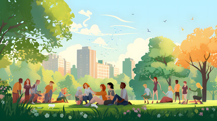 Cheerful diverse people huddling in the park. generative ai.