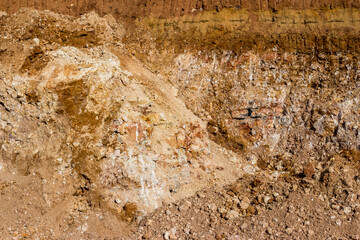 Surface of limestone quarry slope with stone and clay