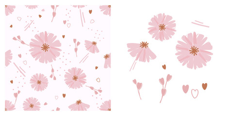 Seamless pattern with sweet pink flower and small gold heart on pale pink background vector. Pink flower,  heart shape branch and gold heart icon sign. - obrazy, fototapety, plakaty