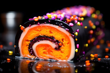 Close-Up of a Jelly Roll Slice Adorned with Spooky Sprinkles, a Sweet Treat for the Season Halloween Delight