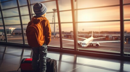 Child boy with backpack waiting for departure in airport hall and looking out of window, back view