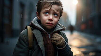 Fototapeta premium Upset school male child walking on the street and looking with sad expression