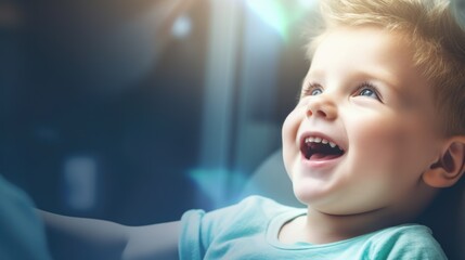 Closeup of a baby boy sitting in a clinic room and happily smiling looking up - obrazy, fototapety, plakaty