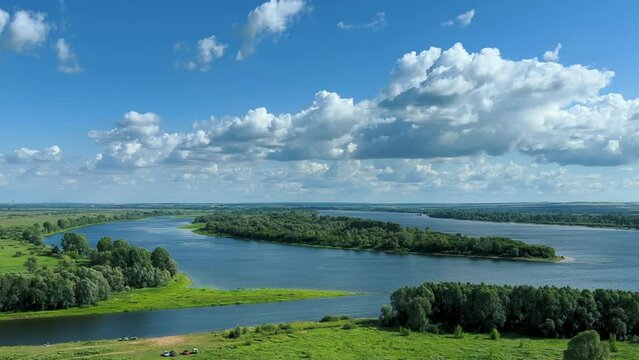 Picturesque view of the Kama River from the observation deck at the Yelabuga settlement. The movement of clouds over the river. Lower Kama National Park. Yelabuga, Republic of Tatarstan, Russia, 4K