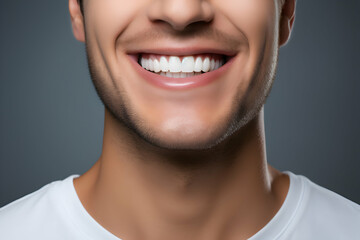 Young Man Radiates Confidence with a Beautiful Smile on a Neutral Grey Background Showcasing the Brilliance of Teeth Whitening Dazzling Smile