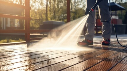Man cleaning the terrace wooden floor with high pressure cleaner - obrazy, fototapety, plakaty