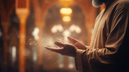 Fototapeta na wymiar Muslim man with open hands praying in Mosque, Ramadan Kareem and Eid Mubarak concept