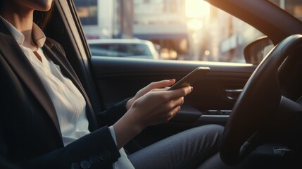 Close up woman's hand holding a mobile phone while sitting inside of a car