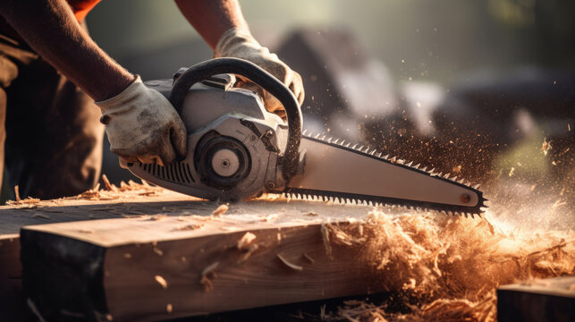Closeup carpenter man hand cutting wood by chainsaw  - Powered by Adobe
