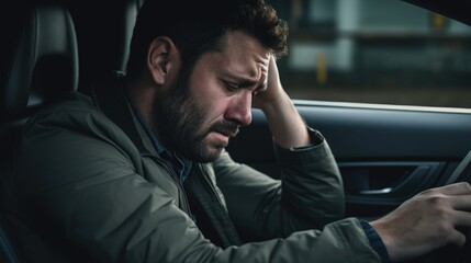 Closeup portrait of a male driver sitting very upset inside of a car and hold his head with hand
