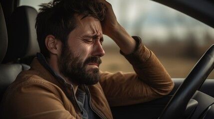 Closeup portrait of a male driver sitting very upset inside of a car and hold his head with hand