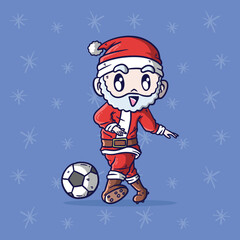 Cartoon vector illustration of Cute Santa Claus playing soccer. Santa Claus mascot illustration.