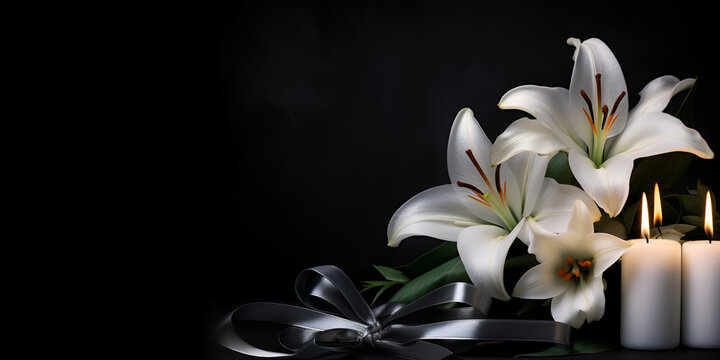 Funeral Candle Peace Lily flowers and candles Image Candles with a white lily in the middle A white flower next to a candle with dark background Ai Generative