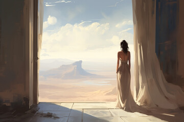 Princess standing alone one the edge of a high castle balcony in a beautiful elegant gown dress, looking out at the distant desert mountain valley landscape and waiting for her love to return. - obrazy, fototapety, plakaty