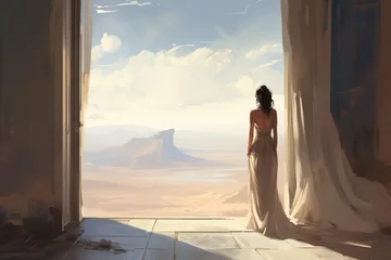 Foto op Plexiglas Princess standing alone one the edge of a high castle balcony in a beautiful elegant gown dress, looking out at the distant desert mountain valley landscape and waiting for her love to return. © SoulMyst
