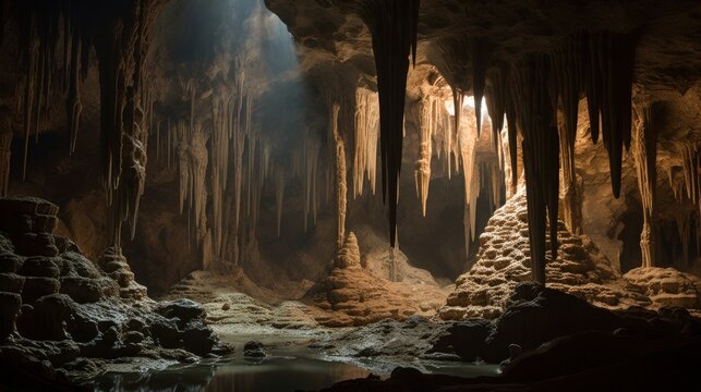 The inside of a cave with a stream running through it.