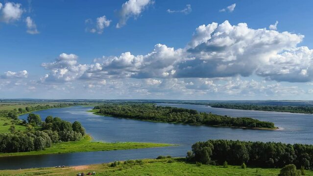Picturesque view of the Kama River from the observation deck at the Yelabuga settlement. The movement of clouds over the river. Lower Kama National Park. Yelabuga, Republic of Tatarstan, Russia, 4K