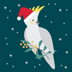 Vector Cockatoo Christmas Xmas Cute Cartoon Bird Tropical Australian with Santa Hat and Wattle