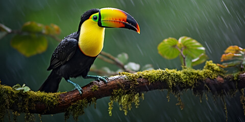 A toucan sits on a branch in the rain Toucan bird in its natural environment Concept of preservation of the species with green blur background Ai Generative - Powered by Adobe