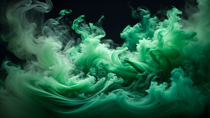 Fototapeta na wymiar An intricately flowing smoke stream with mesmerizing emerald green hues swirling artistically against a black canvas, presenting an entrancing and captivating sight.