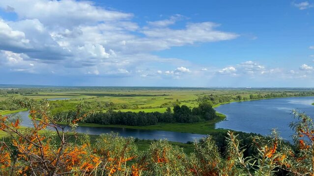 Picturesque view of the Kama River from the observation deck at the Yelabuga settlement. The movement of clouds over the river. Lower Kama National Park. Yelabuga, Republic of Tatarstan, Russia, 4K