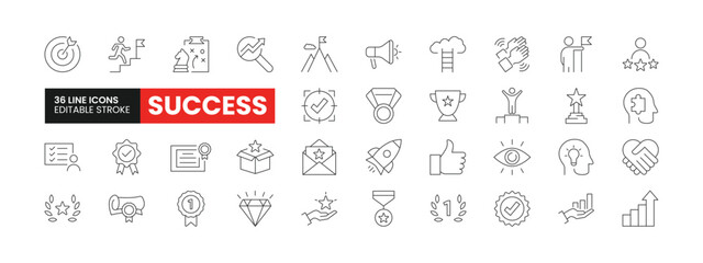 Set of 36 Success and Growth line icons set. Success outline icons with editable stroke collection. Includes Growth, Award, Trophy, Creativity, Problem Solving, and More.