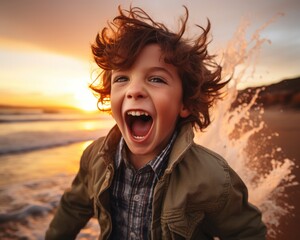 A young boy with his mouth open on the beach. Generative AI.