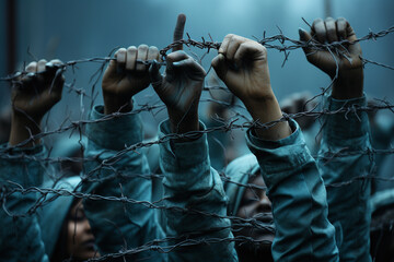 Hands behind a barbed wire, refugee camp, border, illegal immegration, prison fence, human rights and racism
