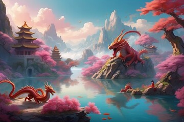 Fototapeta na wymiar Big and small Dragons in a fantastically beautiful world with a lake, pink flowering trees, high rocky mountains. The symbol of the year 2024 is an illustration.