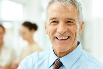 Smile, happy and portrait of mature businessman in the office with positive and good attitude....